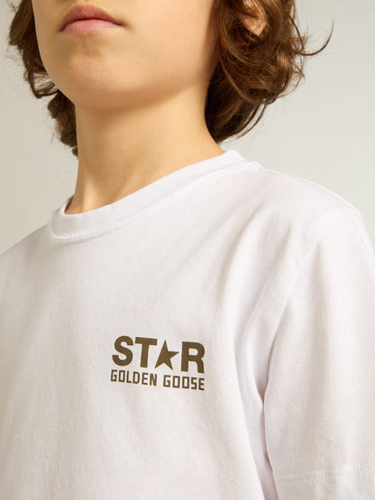Boys' white T-shirt with contrasting dark green logo and star - Golden Goose Kids