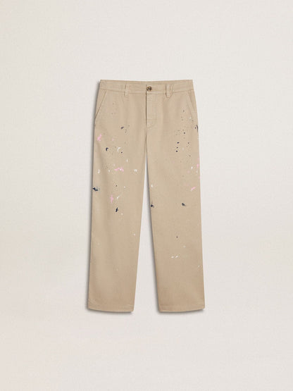 Kids’ beige chino pants with multicolor splashes - Golden Goose Kids