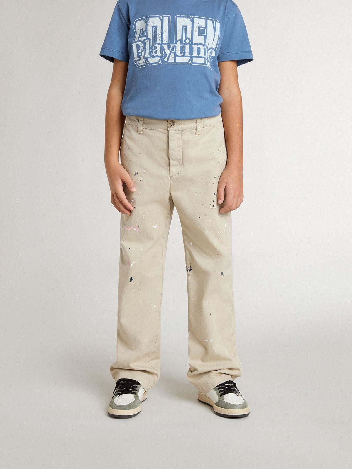 Kids’ beige chino pants with multicolor splashes - Golden Goose Kids