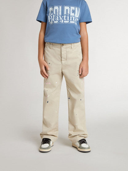 Kids’ beige chino pants with multicolor splashes - Golden Goose Kids