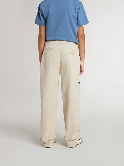 Kids’ beige chino pants with multicolor splashes - Golden Goose Kids