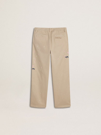 Kids’ beige chino pants with multicolor splashes - Golden Goose Kids