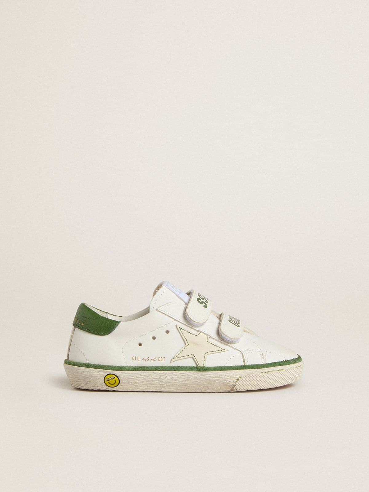 Junior Old School in white leather with green nappa heel tab and green insert - Golden Goose Kids