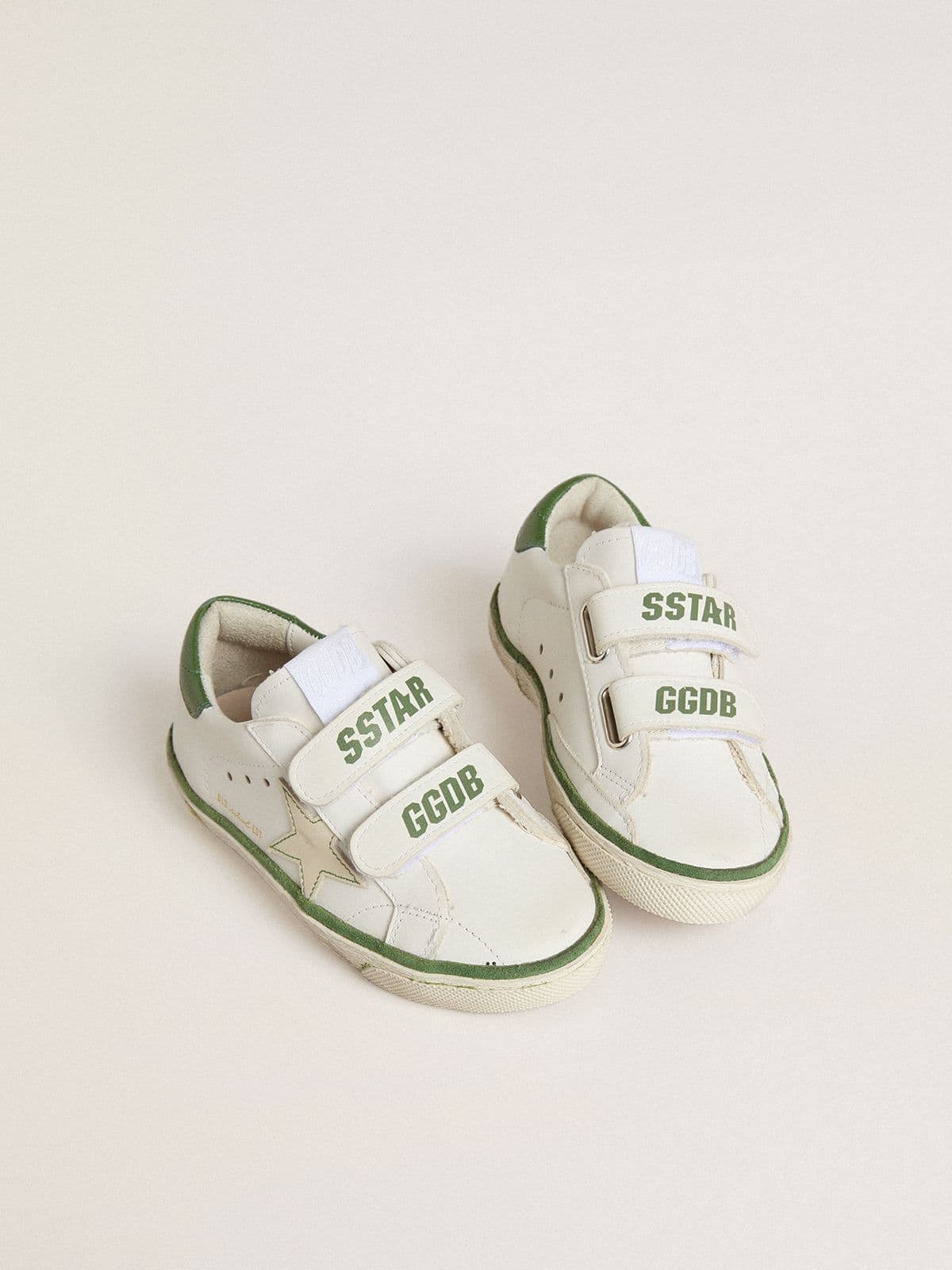 Junior Old School in white leather with green nappa heel tab and green insert - Golden Goose Kids