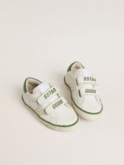 Junior Old School in white leather with green nappa heel tab and green insert - Golden Goose Kids