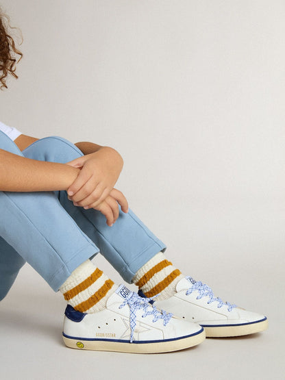 Junior Super-Star in white leather with blue suede heel tab - Golden Goose Kids