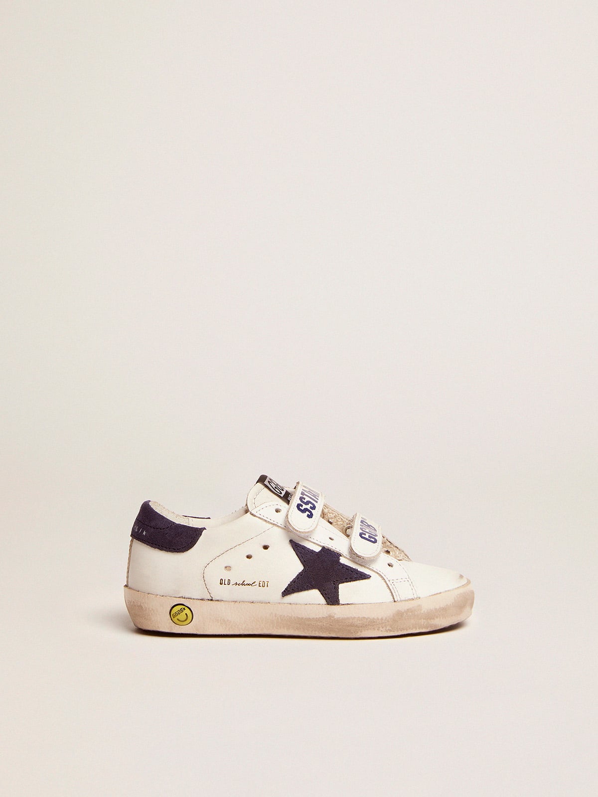 Old School Junior in white leather with blue suede star and heel tab - Golden Goose Kids