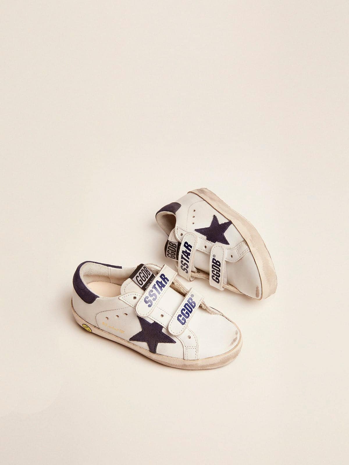 Old School Junior in white leather with blue suede star and heel tab - Golden Goose Kids
