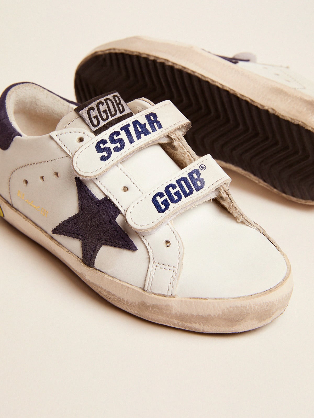 Old School Junior in white leather with blue suede star and heel tab - Golden Goose Kids