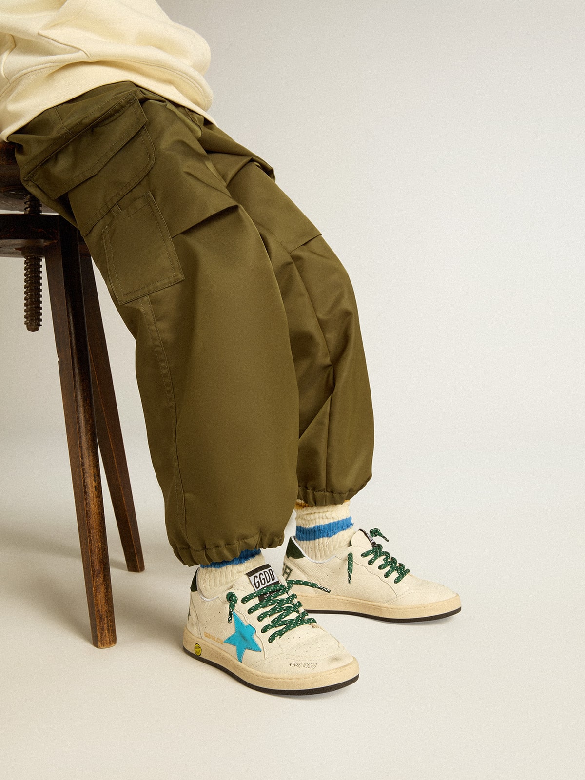 Junior Ball Star with turquoise star and green suede heel tab - Golden Goose Kids