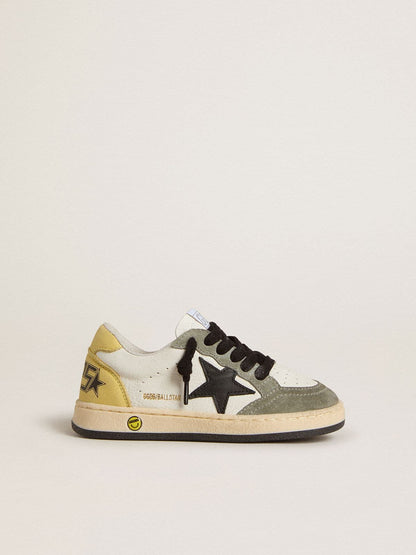 Junior Ball Star in white nappa with dark green suede inserts and black star - Golden Goose Kids