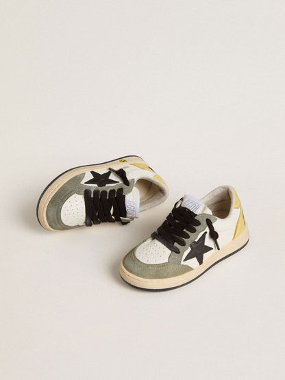 Junior Ball Star in white nappa with dark green suede inserts and black star - Golden Goose Kids