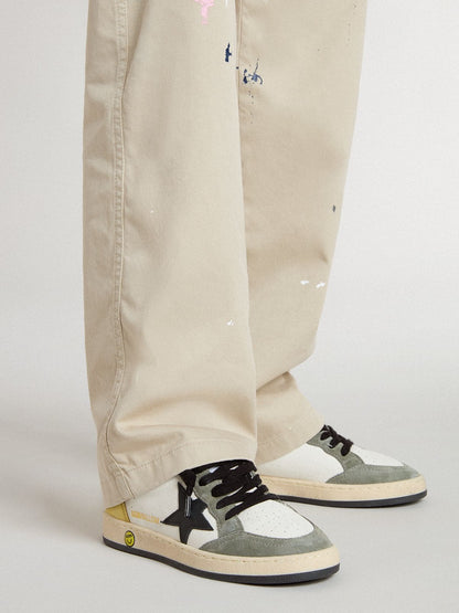 Junior Ball Star in white nappa with dark green suede inserts and black star - Golden Goose Kids