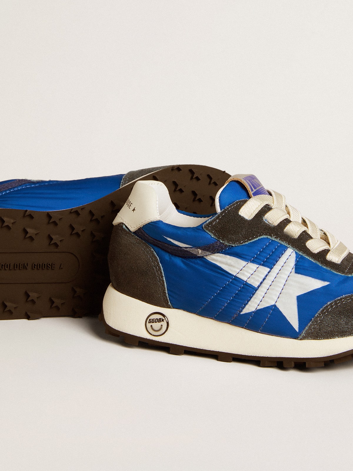 Marathon Young in blue nylon with printed star and leather heel tab - Golden Goose Kids