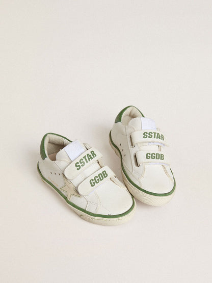 Young Old School in white leather with green nappa heel tab and green insert - Golden Goose Kids
