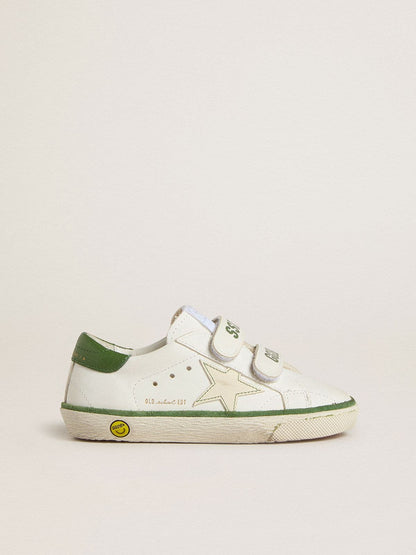 Teen Old School in white leather with green nappa heel tab and green insert - Golden Goose Kids