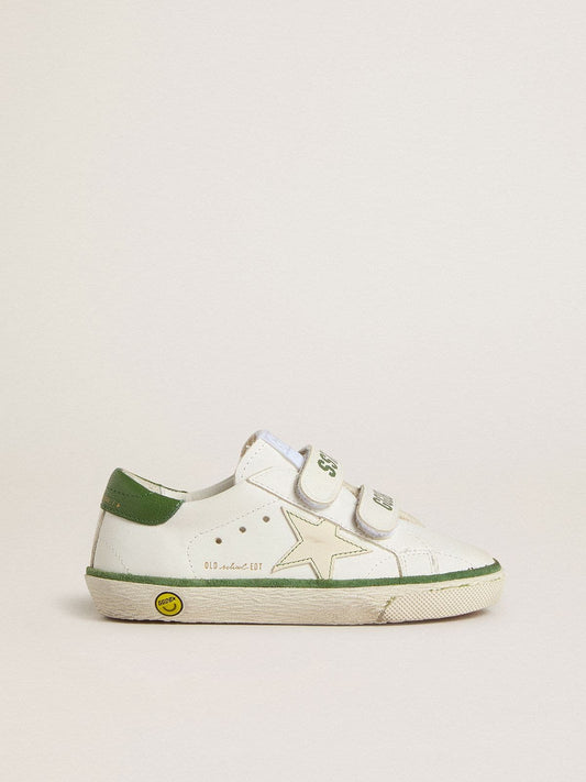 Teen Old School in white leather with green nappa heel tab and green insert - Golden Goose Kids
